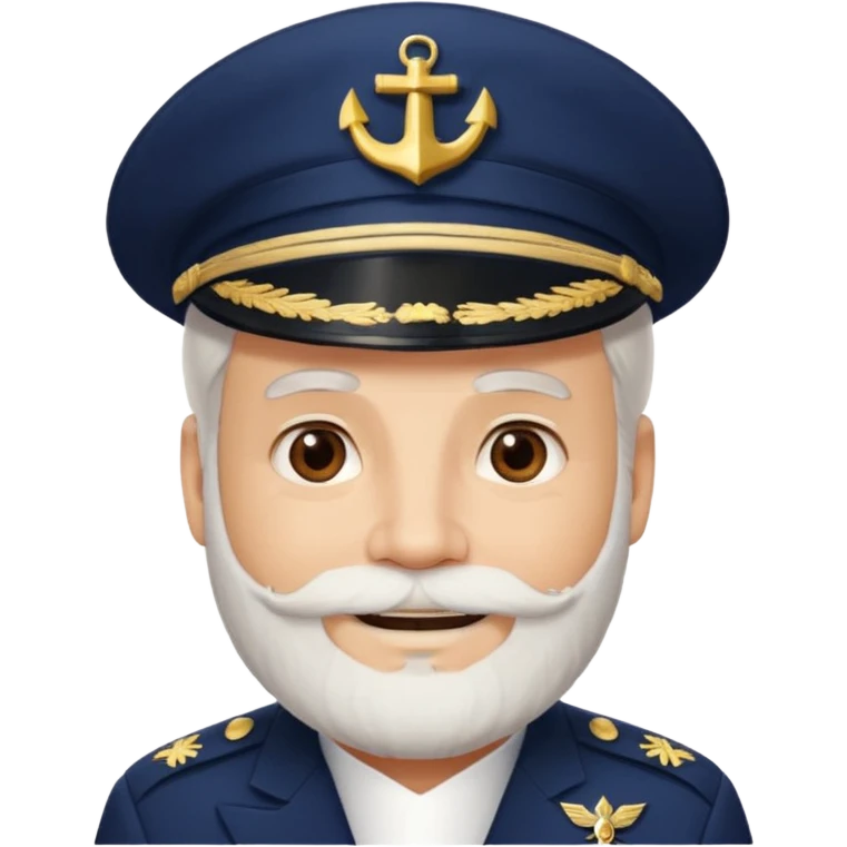 A light-skinned mid-aged man with brown eyes and white beard, smiling while wearing a white captain’s hat with a navy emblem. emoji