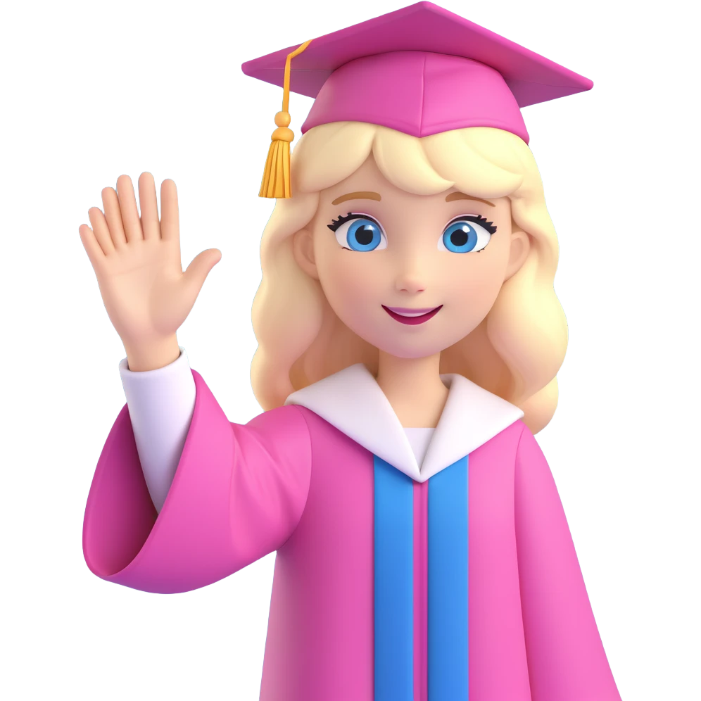 blue eyed blonde girl in pink graduation attire, waving, festive background emoji