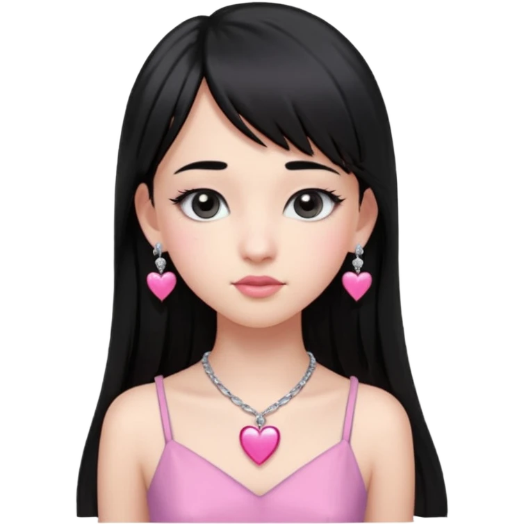 Cabelos pretos longos lisos ,com franja curvada .olhos pretos puxadinho para cima. Cílios longos curvados. Pele clara ,nariz pequeno ,lábios carnudos ,adolescente 16 anos ,vestido rosa de alça, colar de coração prata ,brinco de diamante emoji