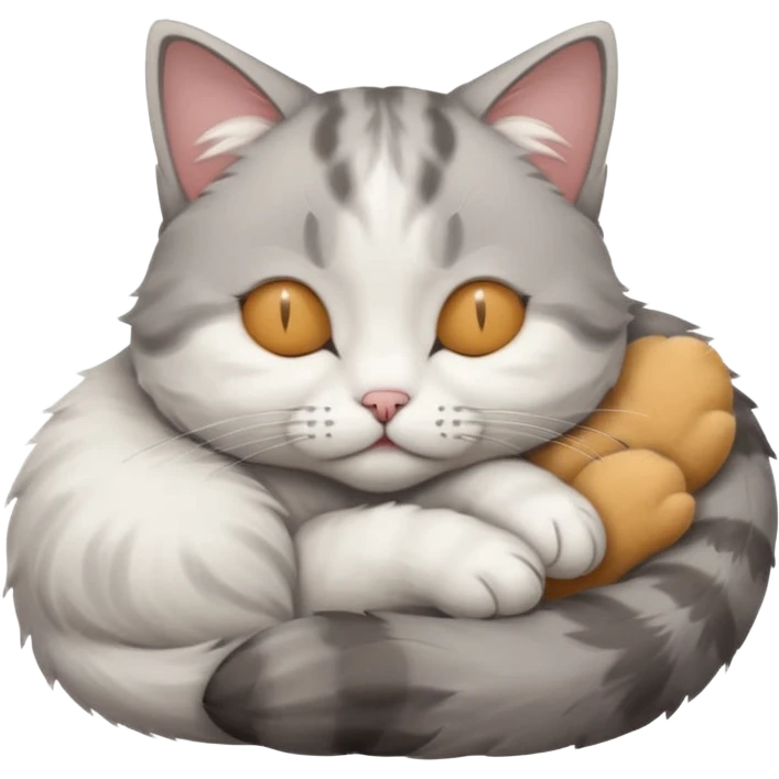 grey and white small cat with its eyes closed lying down with its paw holding up his head emoji