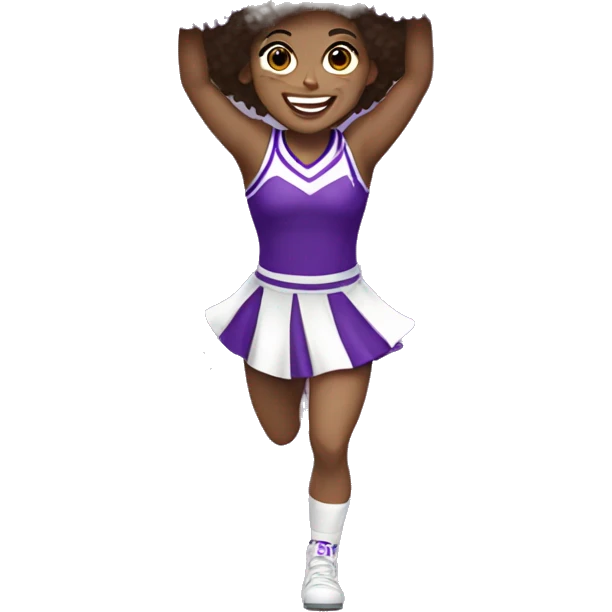 Caucasian cheerleader with dark brown curly hair, jumping and holding up two purple Pom poms, small full body emoji emoji