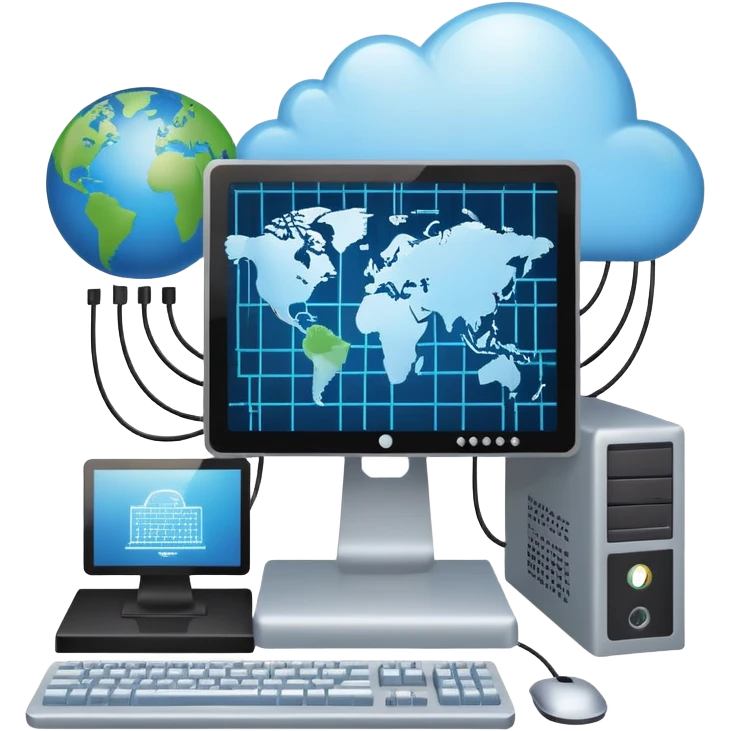 An icon featuring a computer monitor displaying code, a globe with network nodes, and a circuit board, symbolizing IT. The design includes data streams, cloud storage, and a keyboard, representing digital innovation, connectivity, and problem-solving. Transparent background emoji