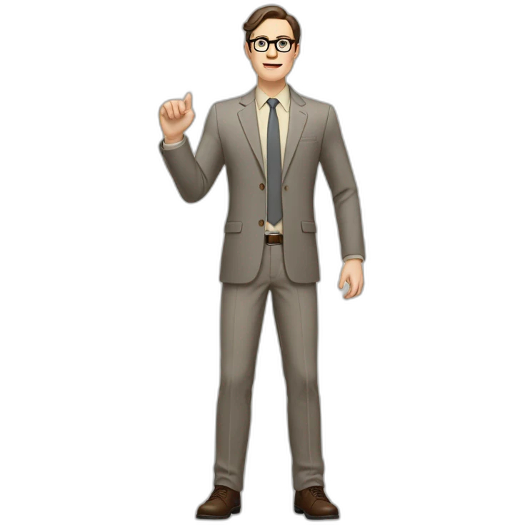 Full height Actively Gesturing Pale skinned fit man with dark brown hair in gray jacket, beige office shirt, brown tie, brown pants and vintage glasses. emoji