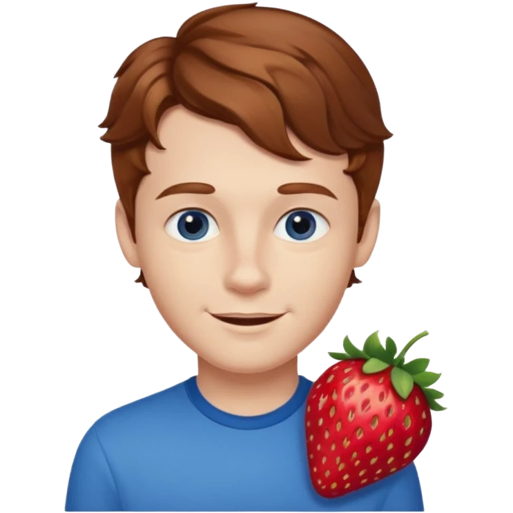 Please generate a portrait of a boy. He has wavy, light brown to reddish-brown hair, a right side parting, slightly longer sideburns, blue eyes, a snub nose, and a rather pronounced, strawberry-red pout. He is smiling. emoji