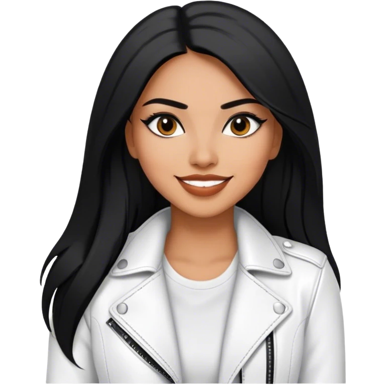 beautiful fit woman, with long straight black hair, with make up, black eye liner, smile mooth close, mexican, brown skin, wearing casual white outfit and leather black jacket, flirting emoji