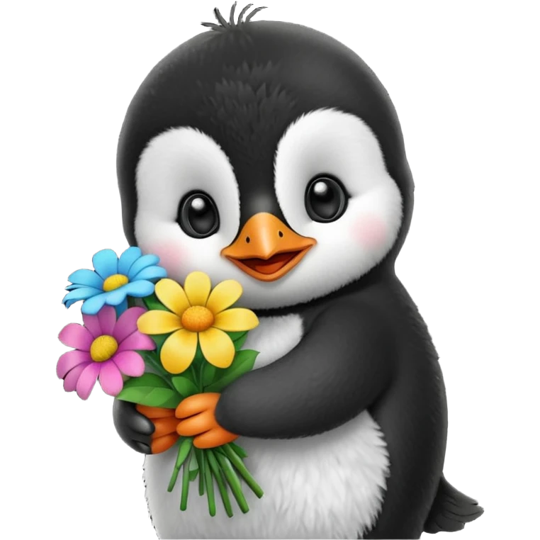 Cute baby penguin holding flower bouquet emoji