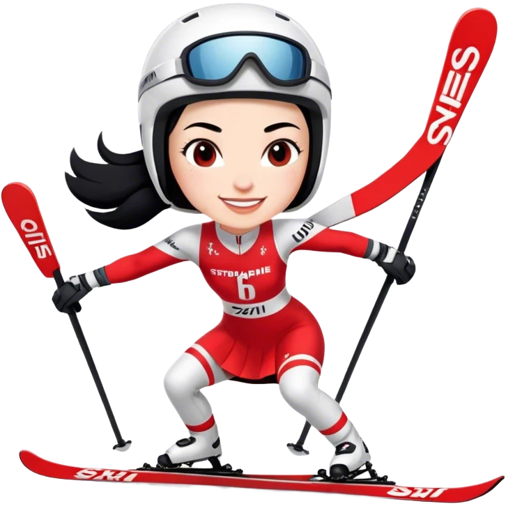 Ski racer downhill squat woman red white dress written Stephanie on the dress Ski Head lettering black hair smile emoji