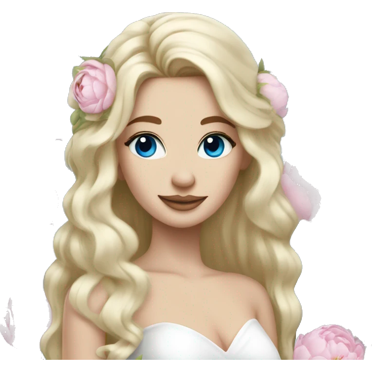 White bride with long light blonde hair and blue eyes with light pink peonies in hair white skin  emoji