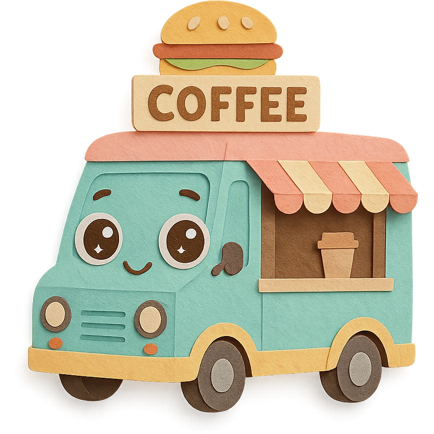 adorable mobile coffee truck, full body, pastel colors, big sparkling eyes emoji