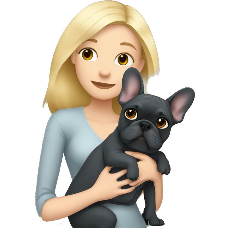 Blonde woman hugging dark gray french bulldog emoji