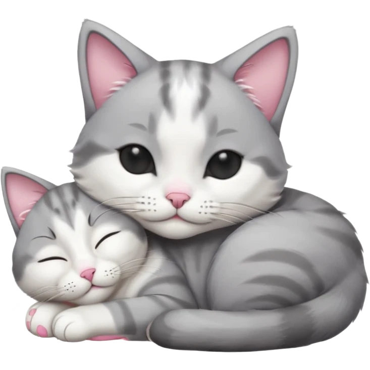 1 grey and white small cat with his eyes closed lying down leaning on his elbow with his paw curled under his head holding it up emoji