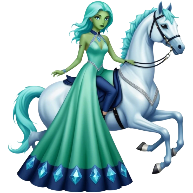 alien reptilian green skin woman, in long slim pastel blue formal party satin dress with gradient shiny sparkling navy blue diamonds embroidered , ride a White horse emoji