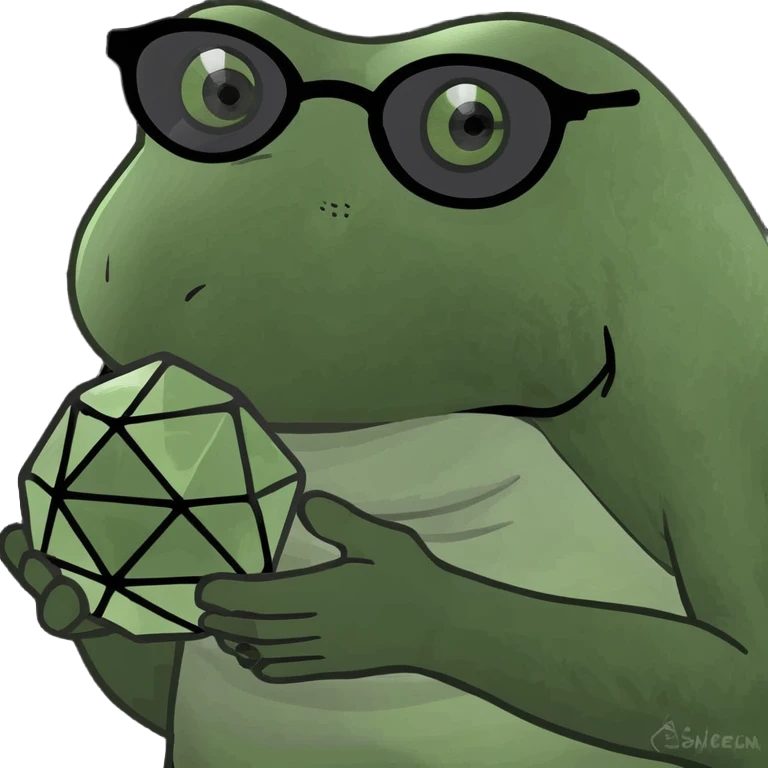 bufo with sharp, angular triangular black frame with dark grey smoked lenses, with a mini full dark powerful orb in his hand emoji