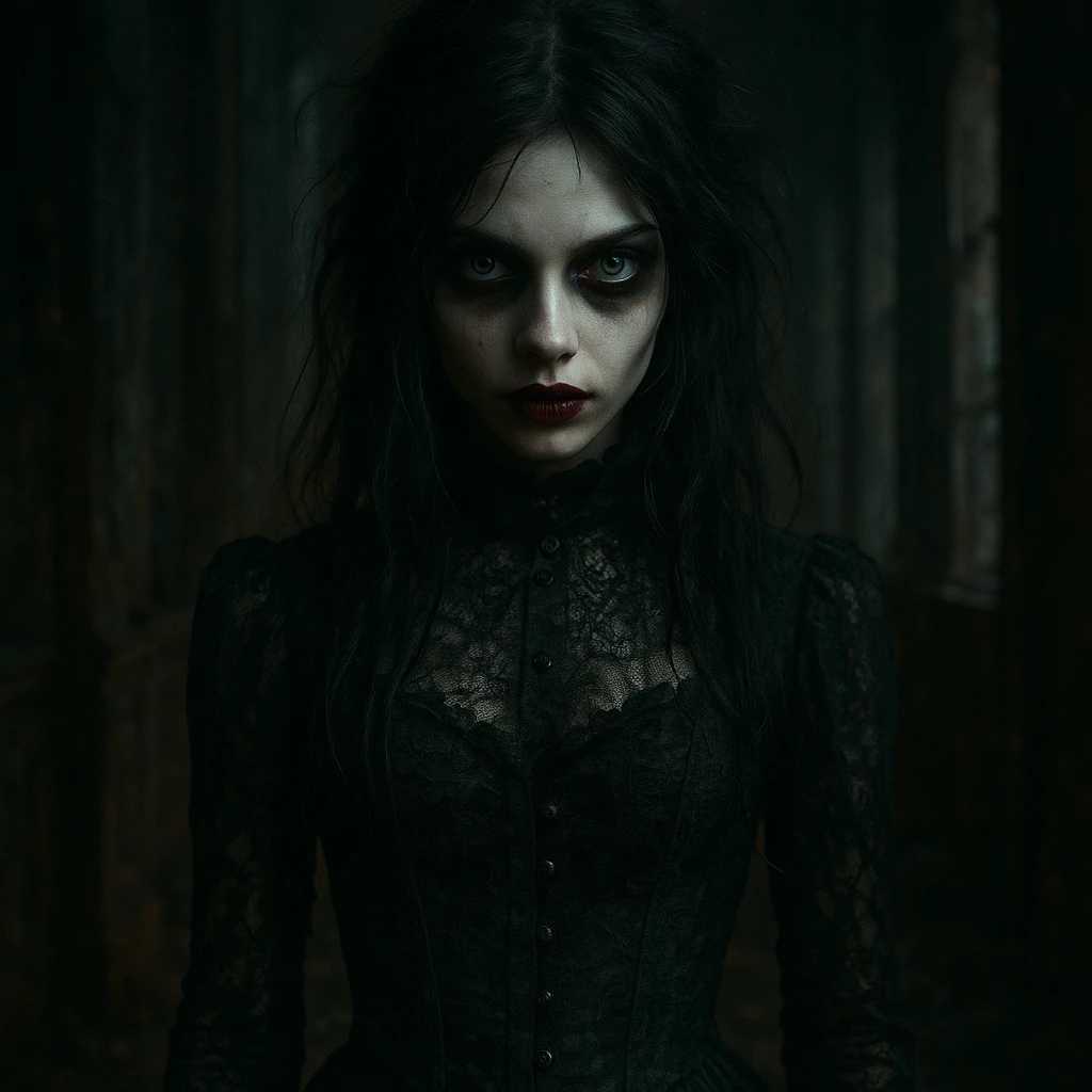 beautiful but scary girl, hauntingly attractive, dark gothic style, intense eyes, horror atmosphere emoji
