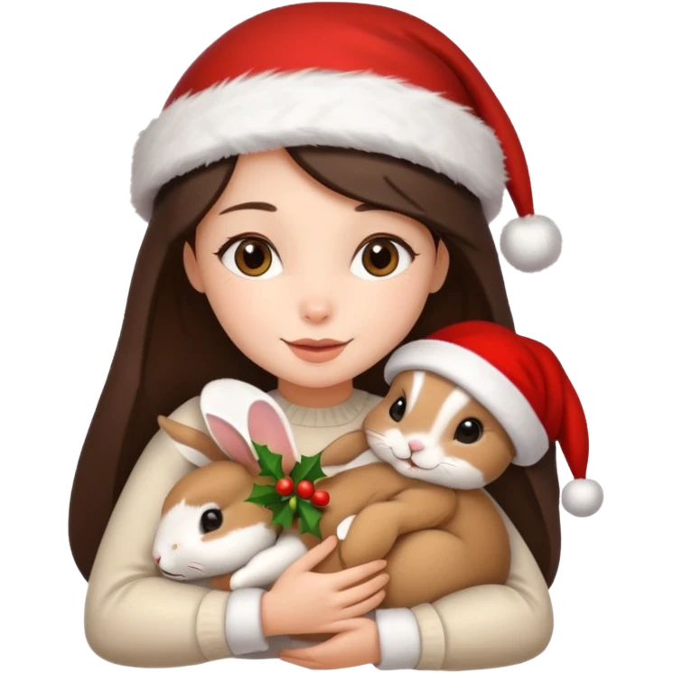 Brunette hugging one beige rabbit christmas emoji