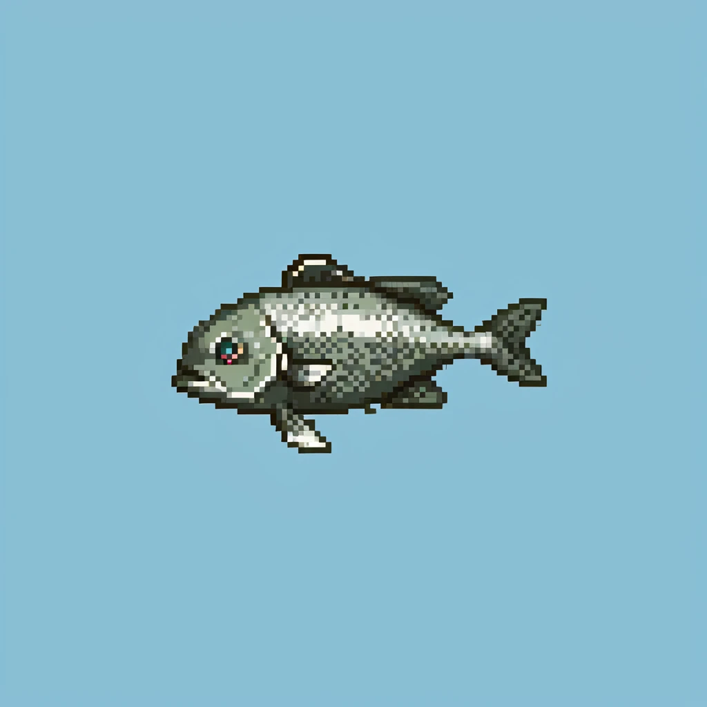 Minecraft cod fish item texture, eye pointing down-left at 45-degree angle, simple square texture, pixel art style emoji