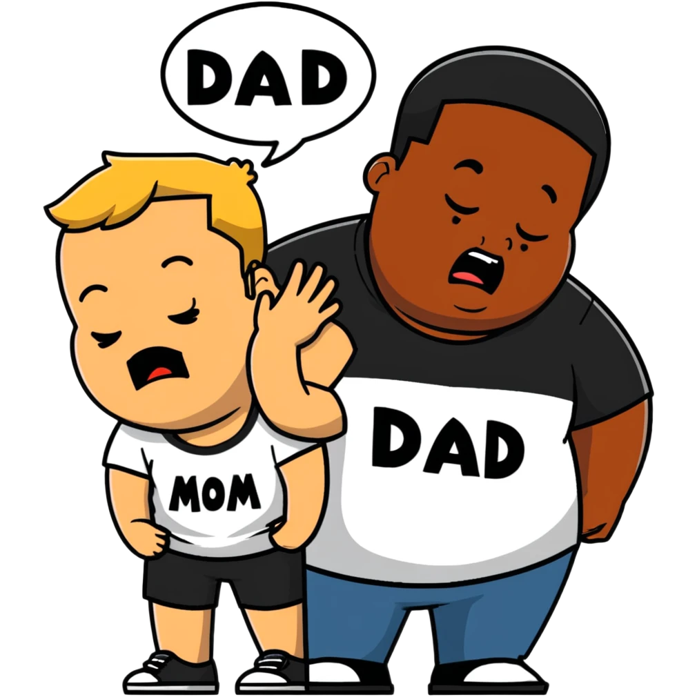 A fat short guy in a black hoodie with a ponytail is crying. Behind him are two black men, one wearing a white t-shirt with "MOM" text, the other wearing a white t-shirt with "DAD" text. emoji