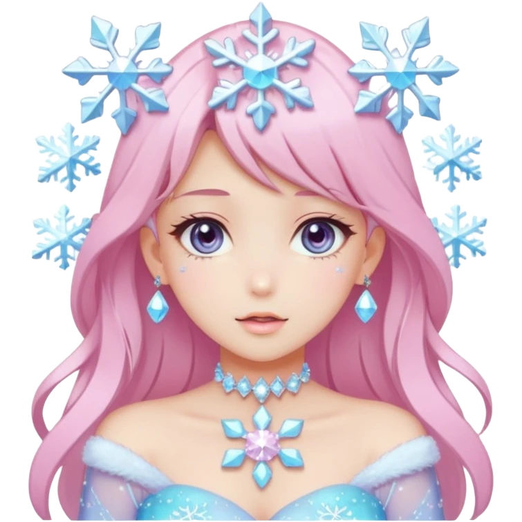 Gorgeous Beautiful Anime-Pastel-Lady with crystals and snowflakes and glitters aesthetic emoji