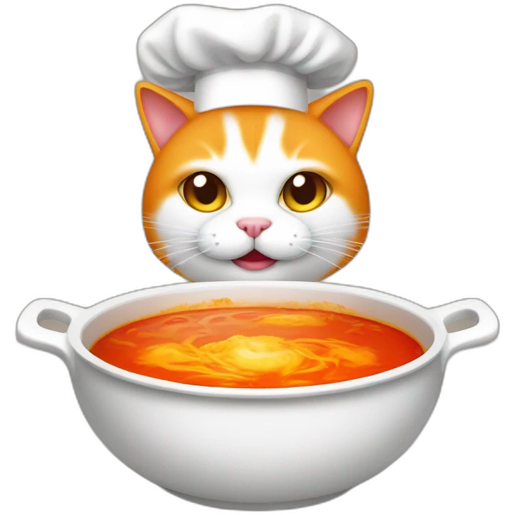 orange and white cat wearing chef hat cooking radioactive chili soup emoji