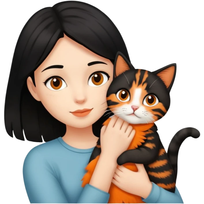 Medium-length black-haired girl holding a haired tabby cat emoji