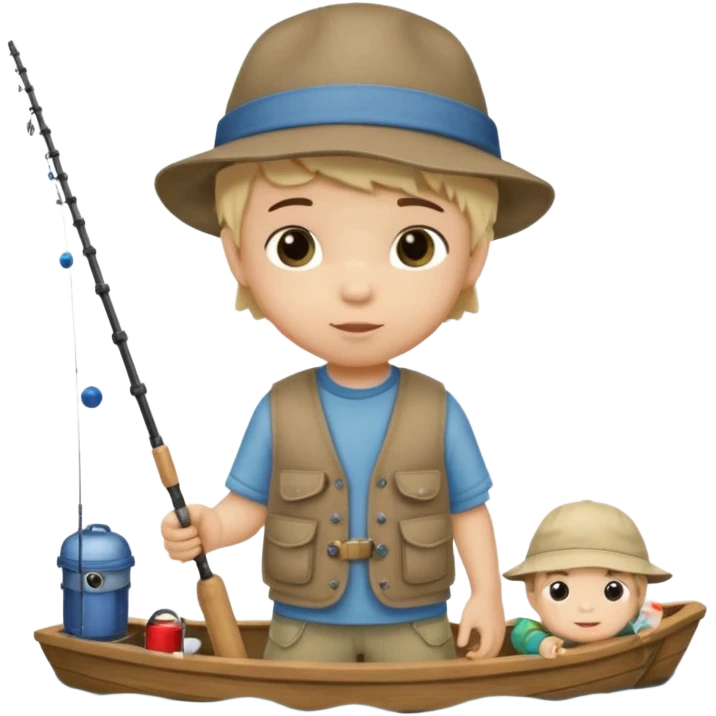 Little boy on the dock fishing, felt texture, scrapbooking, precious moments style character emoji