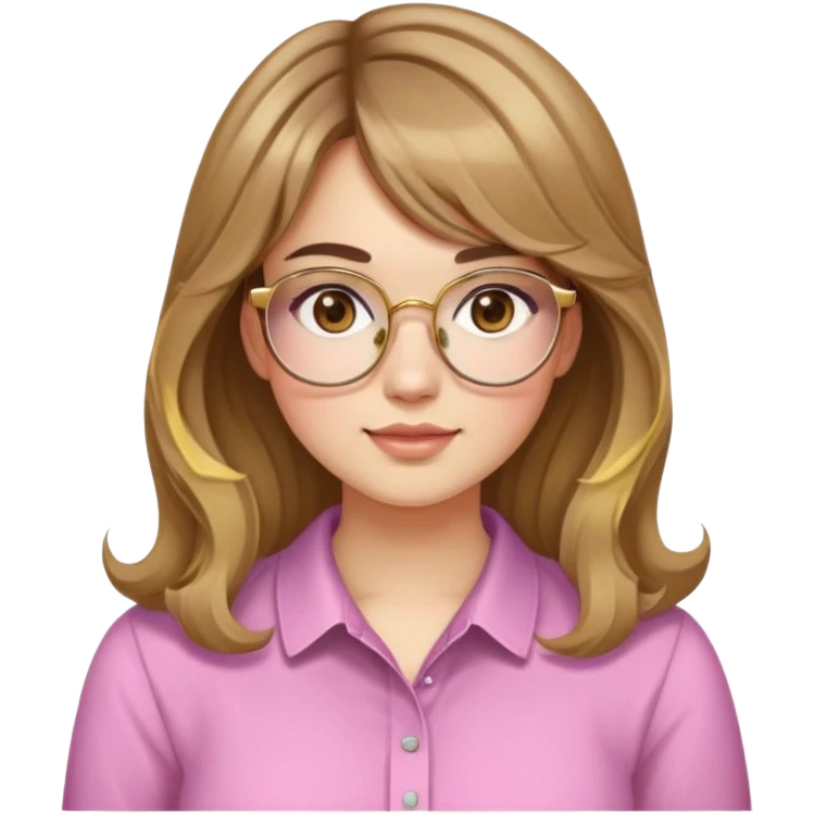 young adult woman with light skin, round face, prominent cheeks, medium plump body, long light brown hair with golden highlights, voluminous and wavy, long bangs over eyebrows, large octagonal glasses with thin golden or light pink frame, casual dark shirt emoji