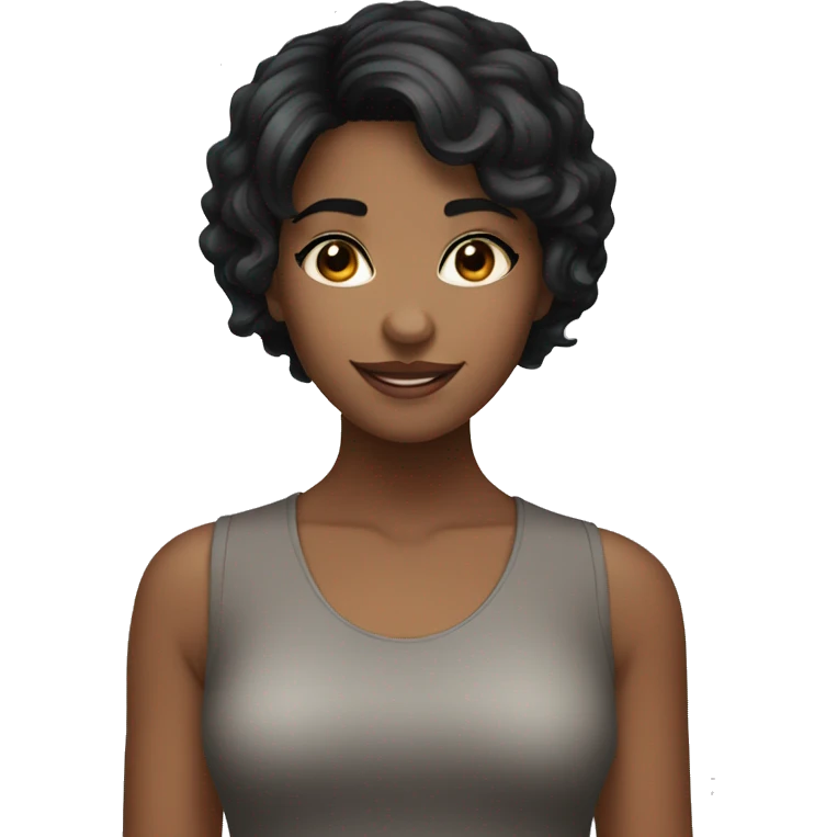 a balck short hair girl with big brown eyes and smily face emoji