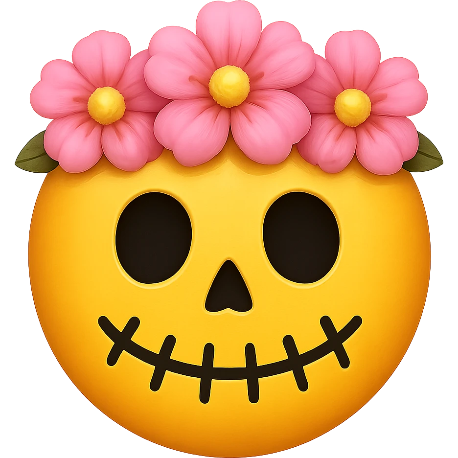 halloween yellow face with pink flower crown emoji, digital illustration, remove background emoji