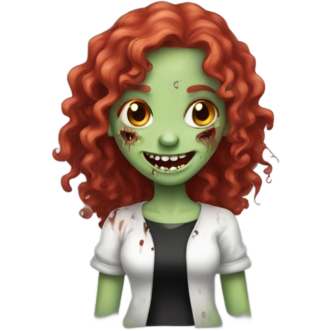 Happy zombie girl red long curly hair with both hands in the sue, black blouse emoji
