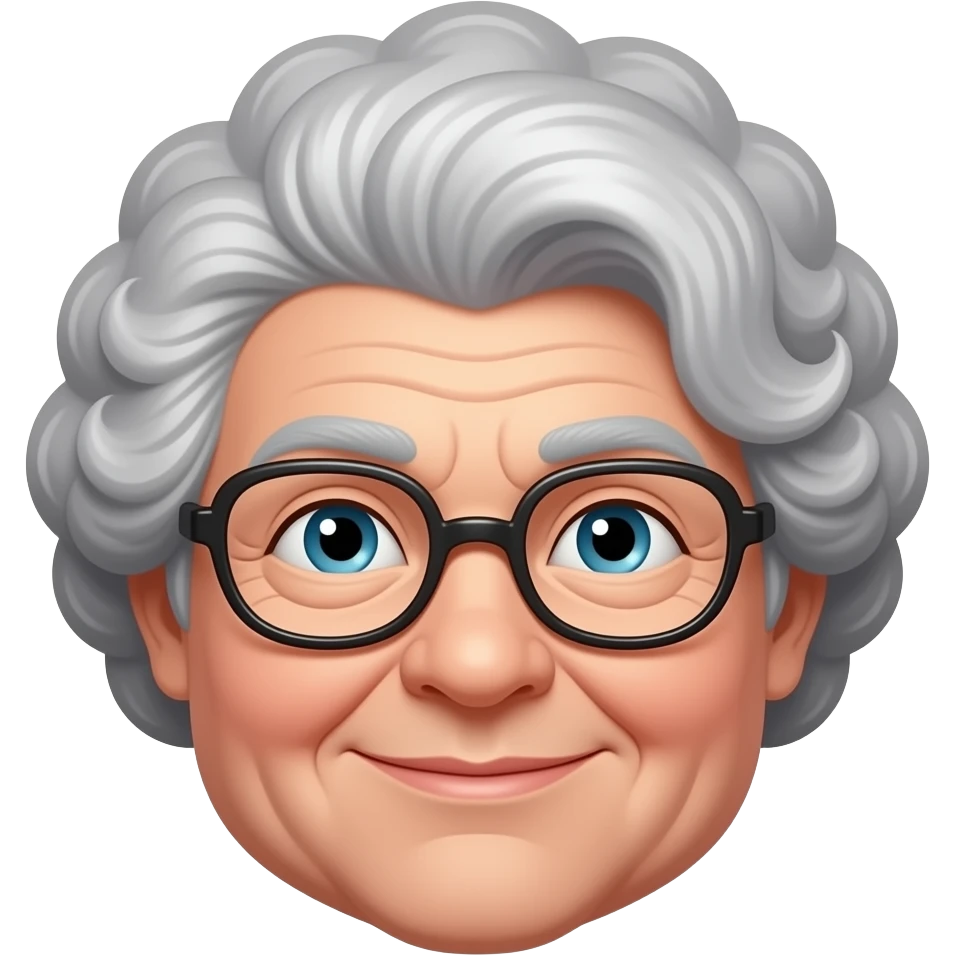 Silly old lady, curly gray hair, thin eyebrows, glasses, chubby emoji