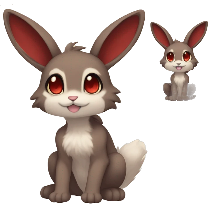 Cute, Chibi, Kemono-style, Anthro, Fur-Sona, Dark-Brown, Normal-type-Ground-type Tan-Rabbit-Fakémon with Dark-Red eyes, beige belly, beige paws, beige feet, beige freckles, full body emoji
