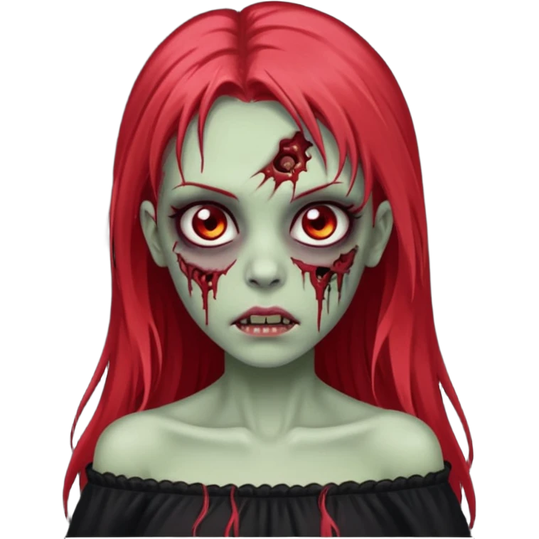 Garota zumbi com cabelo liso longo e mechas vermelhas na lateral da cabeça dos dois lados, usando uma blusa com manga caida preta emoji