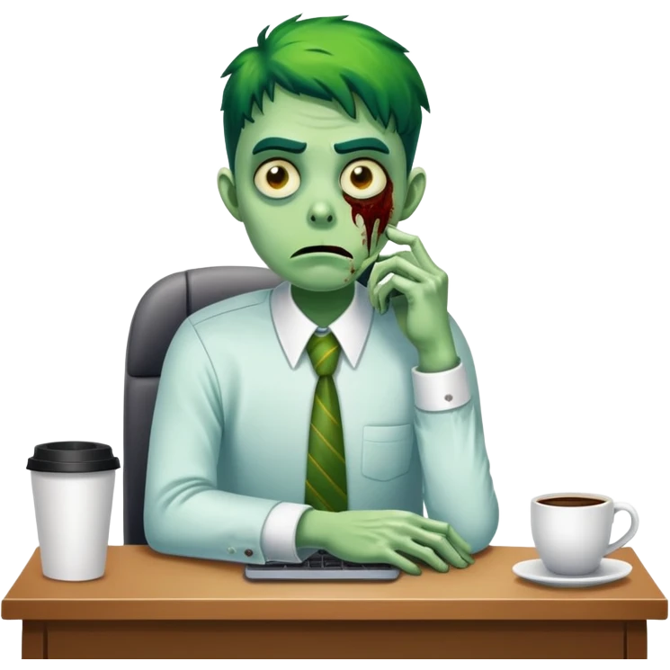 office zombie clerk with green skin looking tired and waiting for a coffee break emoji