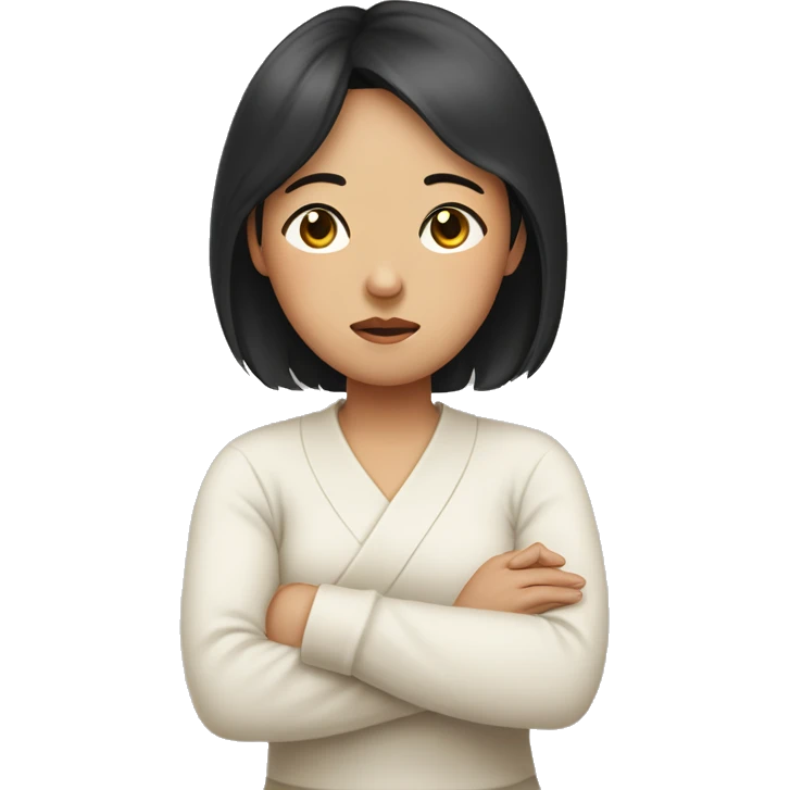 A Korean woman in her 30s with a difficult and sad expression, mother, black hair with arms crossed emoji