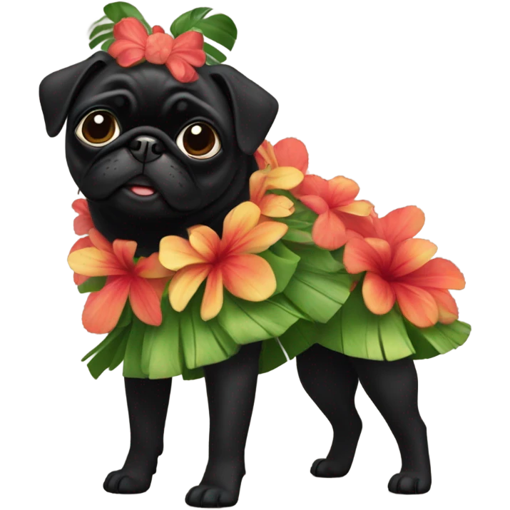 Black pug in a Hawaiian hula girl dress emoji