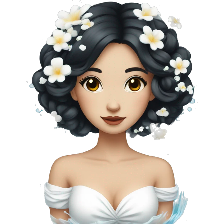 Pretty young Lady with black hair flowers in hair white dress surrounded by flowing water emoji