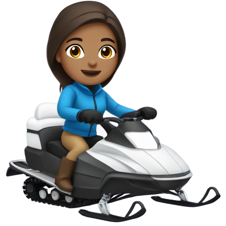 Tan girl with dark brown hair and blue eyes riding a snow mobile emoji