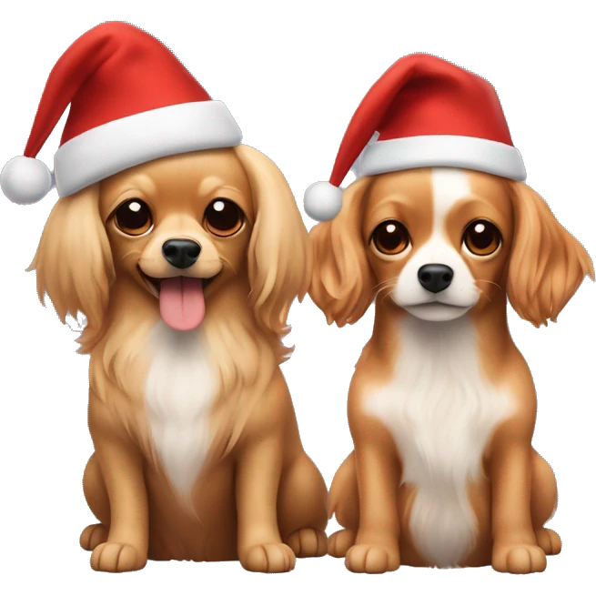 Two dogs hugging each other full-length. One is a long-haired beige Chihuahua with red streaks. The other is a red cocker spaniel. They are both wearing New Year's hats. emoji