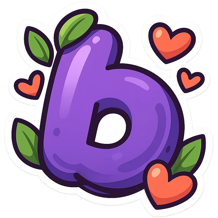 plump vibrant Boosty logo cartoon style purple b without lightning bolt cutout bold outline expressive shadows glossy highlights no background decorated with both leaves and hearts emoji