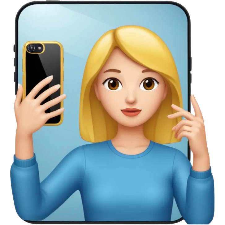 mirror reflection woman holding her phone having selfie emoji