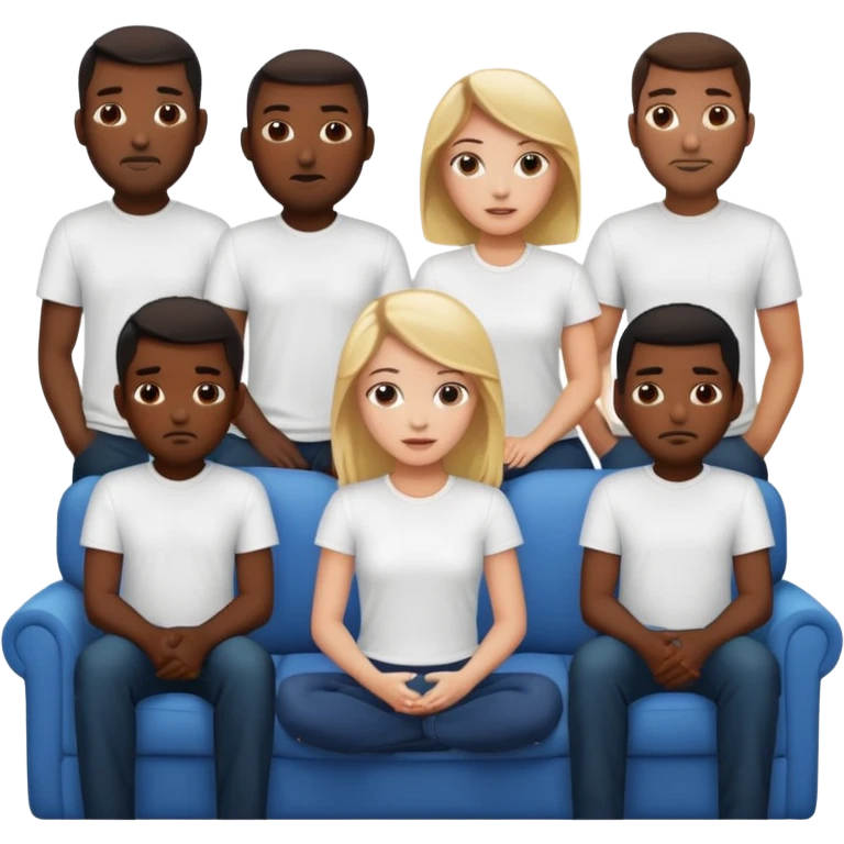A white girl sitting on a couch with 10 black men in white shirts behind her  emoji