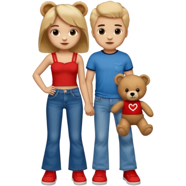 A boy and a girl teddy bear for the boy bear put on true religion shirt and jeans with black shoes and for the girl put flare jeans and a red tube top and white shoes just bears not the humans  emoji