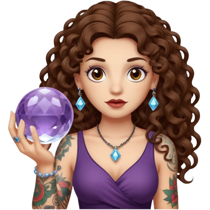 woman with long curly brown hair, brown eyes, white skin, tattoos, holding a crystal ball showing nonsense emoji