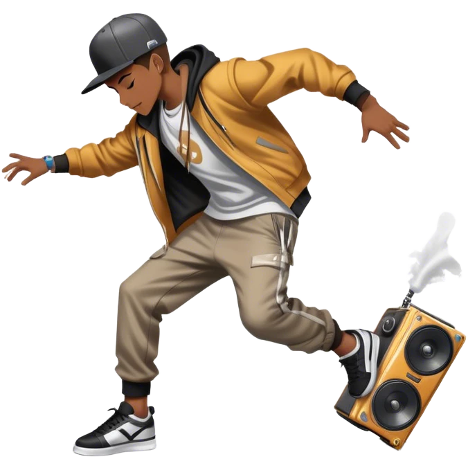 Icon for Street Dance: a dancer in urban streetwear performing a dynamic lower breakdance move, with a spray-painted background and a boombox on the asphalt. The icon should capture the energy, style, and creativity of street dance culture. Transparent background. emoji