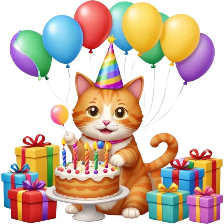 Ginger cat celebrates birthday, birthday hat, birthday cake, balloons, happy, gifts emoji