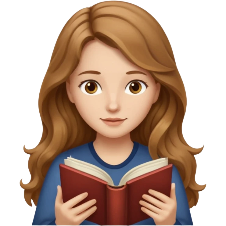 cute emoji of a woman with long light brown wavy hair and light brown eyes reading a book peacefully emoji