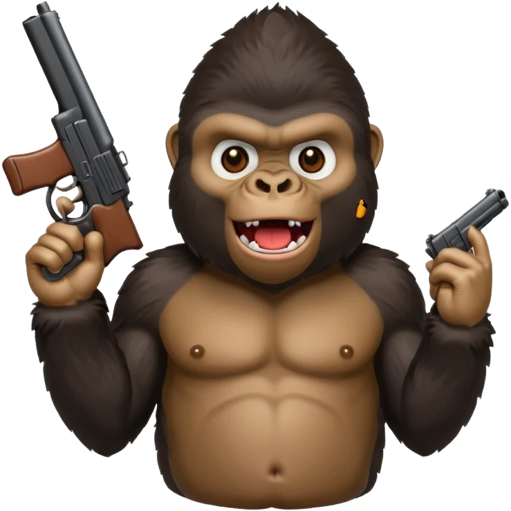 A gorilla holding a gun in the air making a silly face emoji