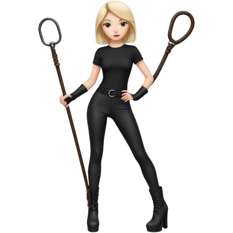 Create a Mistress with platform boots and black leggings and top and a whip emoji