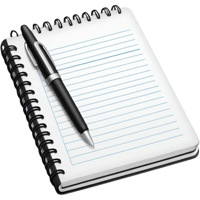 Front-facing notebook icon with a pen on the right side, minimal line-art, clean modern style, perfectly straight angle (no tilt), simple outlines, slightly 3D, no background, transparent, “documenting / journaling / tracking progress emoji