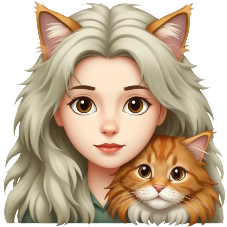 A cute Maine Coon cat crawled on the girl's head emoji